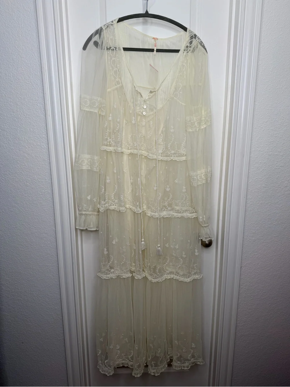Free People Stevie Embroidered Sheer Mesh Maxi Dress Size Small Ivory